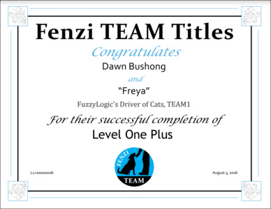 Freya's Fenzi TEAM Level 1+ Title Certificate