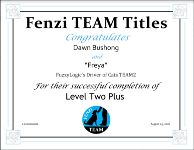 Freya's Fenzi TEAM Level 2+ Title Certificate