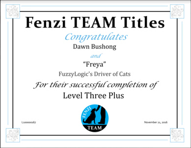 Freya's Fenzi TEAM Level 3+ Title Certificate