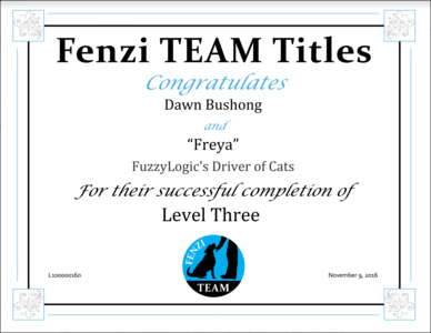 Freya's Fenzi TEAM Level 3 Title Certificate