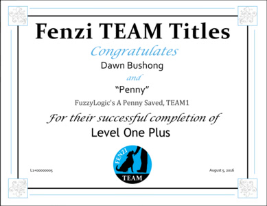 Penny's Fenzi TEAM Level 1+ Title Certificate