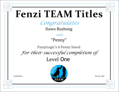 Penny's Fenzi TEAM Level 1 Title Certificate