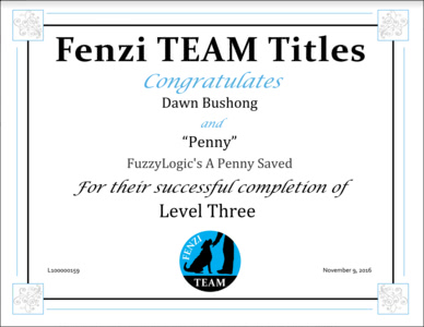Penny's Fenzi TEAM Level 3 Title Certificate