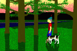 King's Quest like man walking a dog in forest