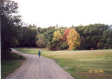 Dave walks down a dirt road towards colorful trees