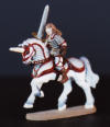 Female paladin riding a white unicorn war-horse