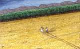 Couple holding hands running through a golden field