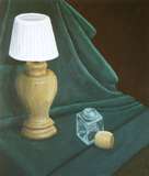 Still life of a lamp, cologne bottle, and a green sheet