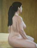 Nude woman sitting, seen from the side and back