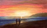 Couple holding hands walking on the beach at sunset